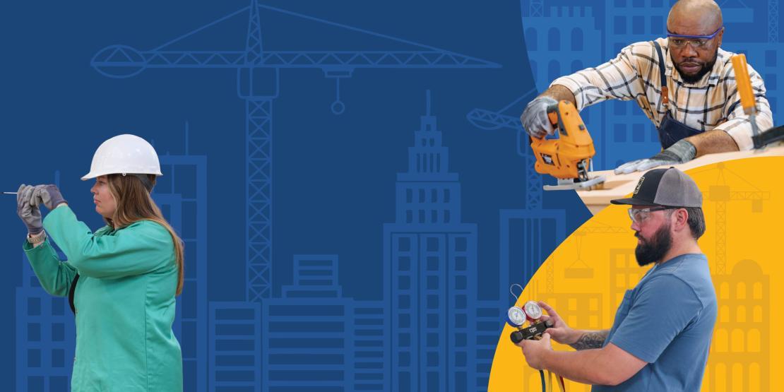 Woman with screwdriver in white hardhat, man in safety glasses with table saw, and man in baseball cap and safety glasses examining HVAC gauges