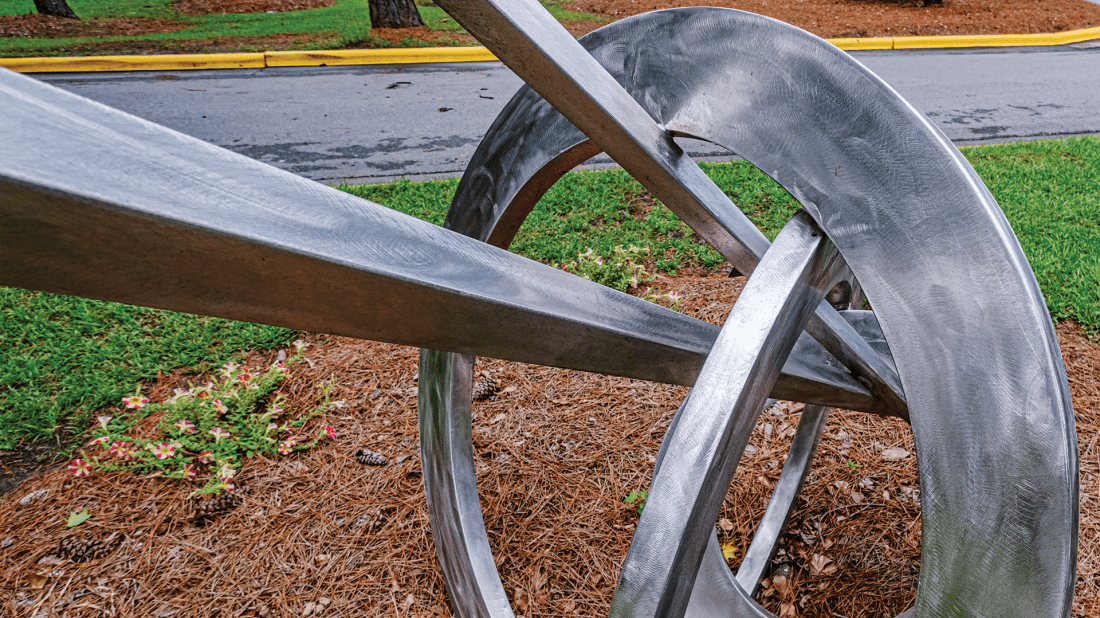Stainless steel sculpture of circles and lines