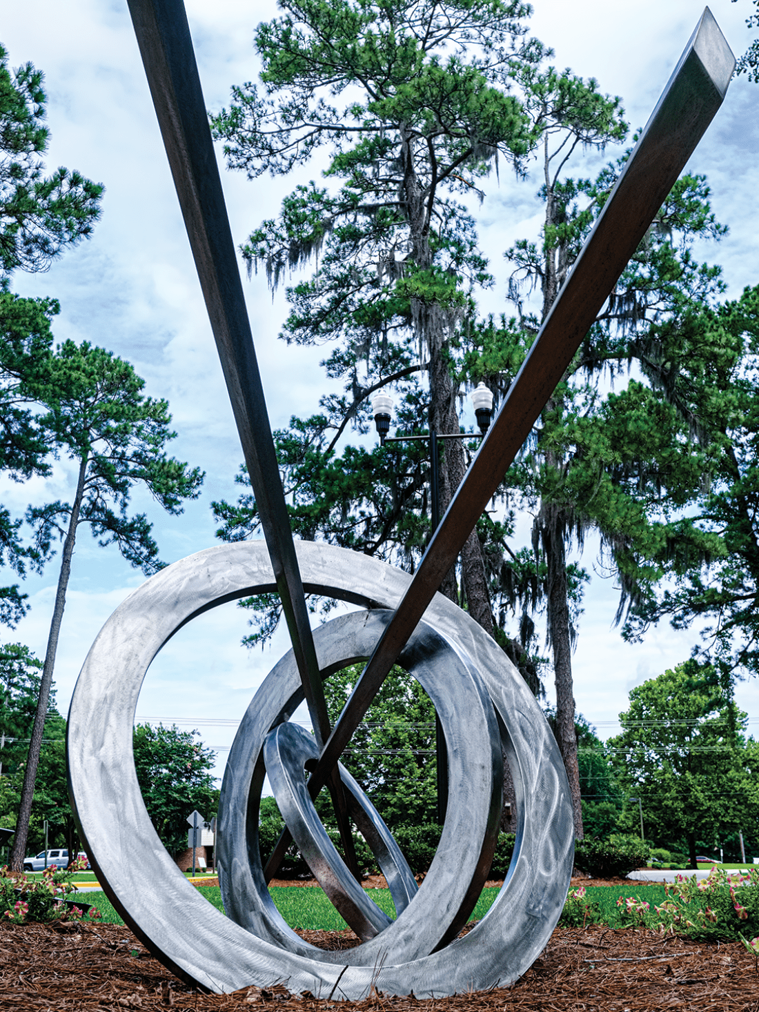 Stainless steel sculpture of circles and lines